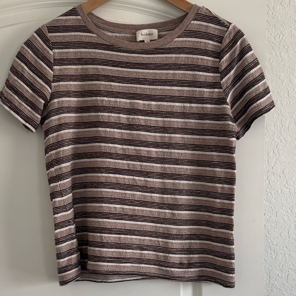 Bohme Brown and Cream Striped Short Sleeve Tee Textured